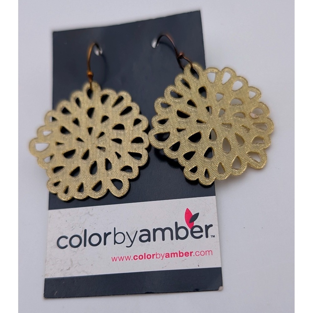 Color by Amber Gold Floral Mandala Lace Cutout Drop Earrings Boho Statement